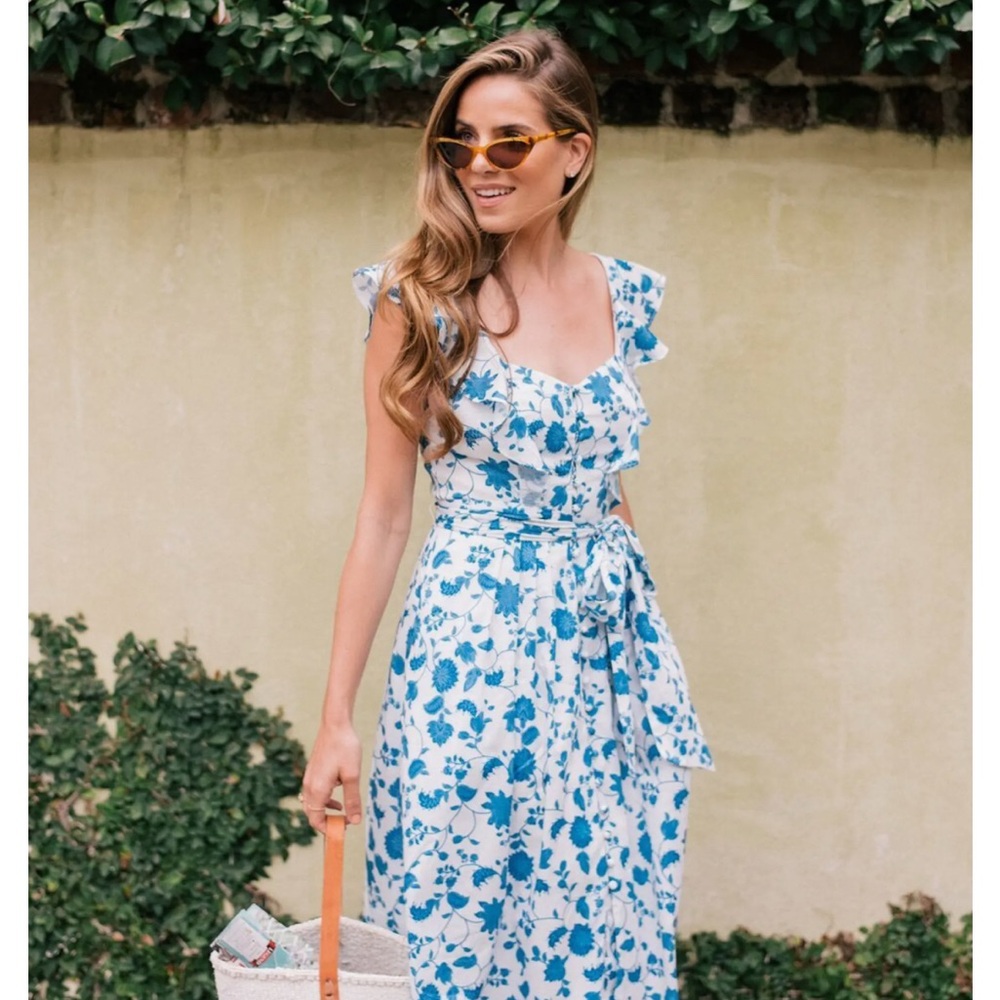 Blue Floral Ruffle Midi Dress - Elegant Summer Dress - Girl Meets Glam